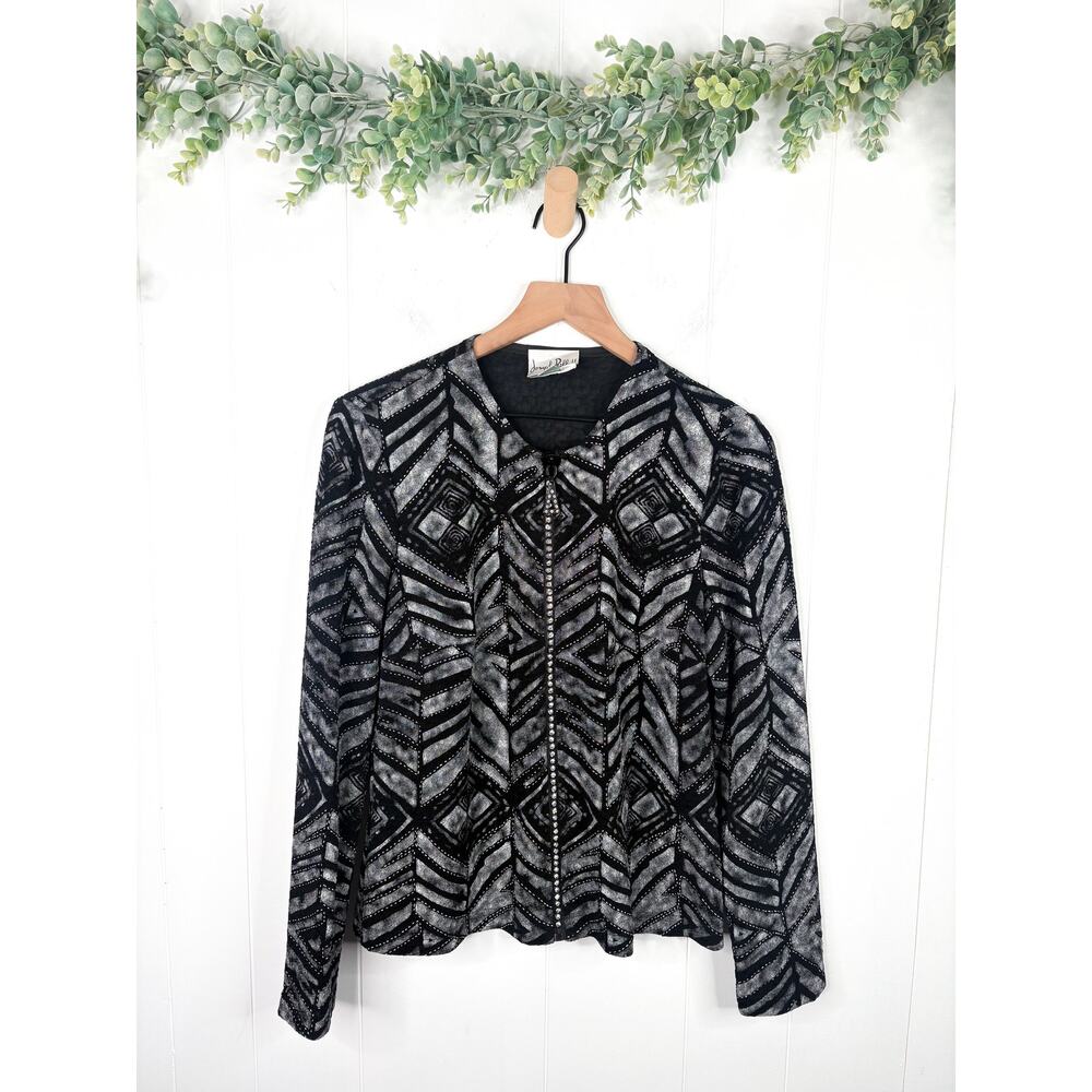 Joseph Ribkoff Black Geo Rhinstone Zip Up Jacket Size 12 Lightweight Crystal